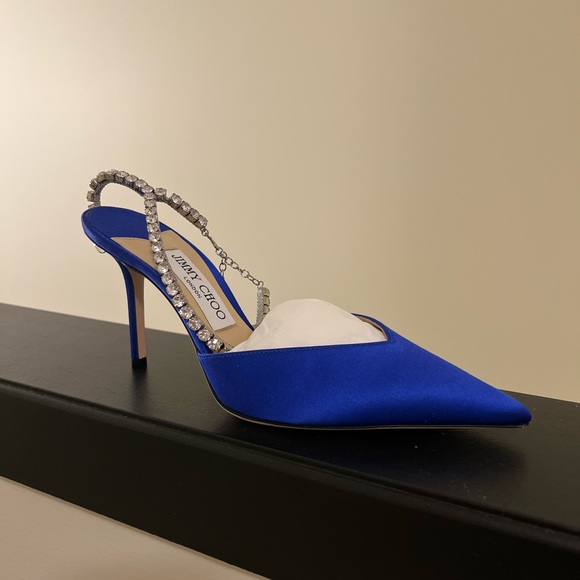Jimmy Choo Shoes - Jimmy Choo Saeda 85 Royal Blue Satin Heels with Crystal Strap